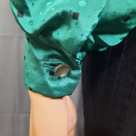 Vintage 80s Secretary Blouse Green Swirl Pattern Tie Neck Long Sleeve Petite M - Picture 6 of 9